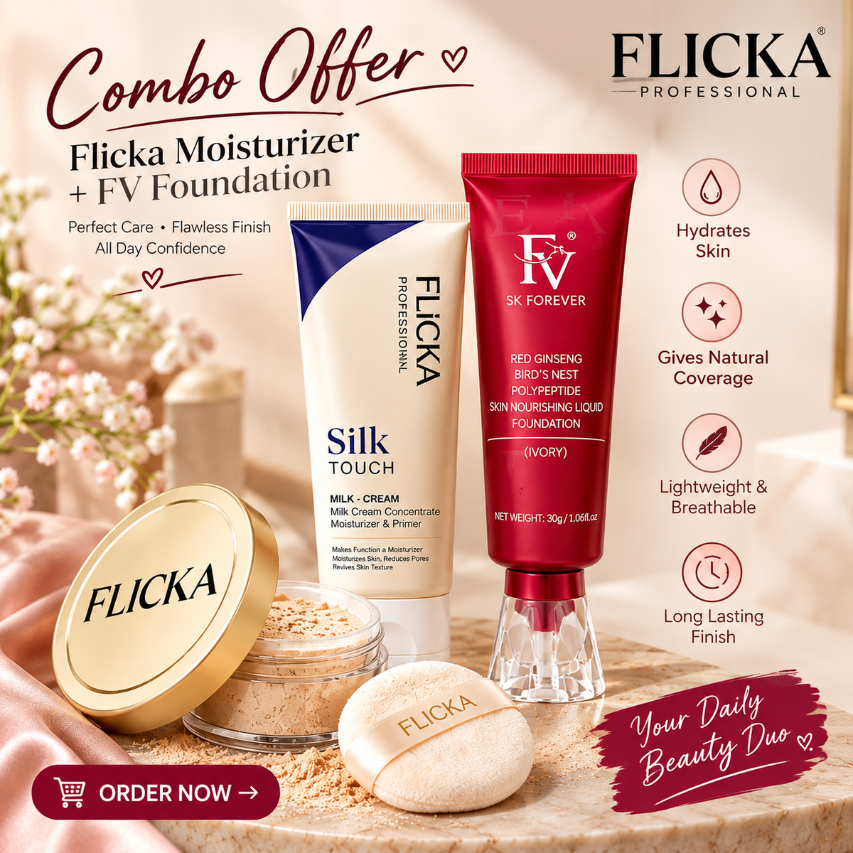 FLICKA 3-in-1 Makeup Bundle – Foundation, Primer & Loose Powder | Ivory Shade