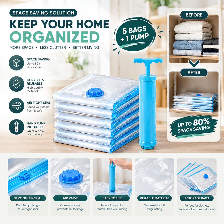 Vacuum Storage Bags with Hand Pump – Space Saving Organizer | 5 Bags + Pump