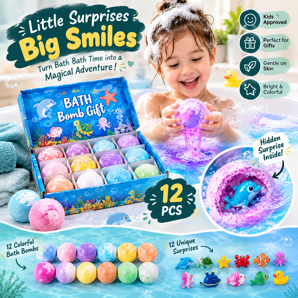 12 Pcs Surprise Bath Bombs for Kids – Colorful Fizzing Bath Bombs with Hidden Toys